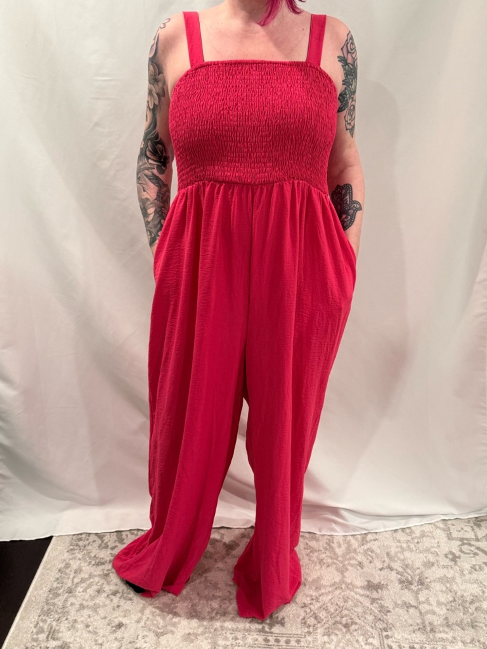 Women's Hot Pink Smocked Jumpsuit with Wide Legs